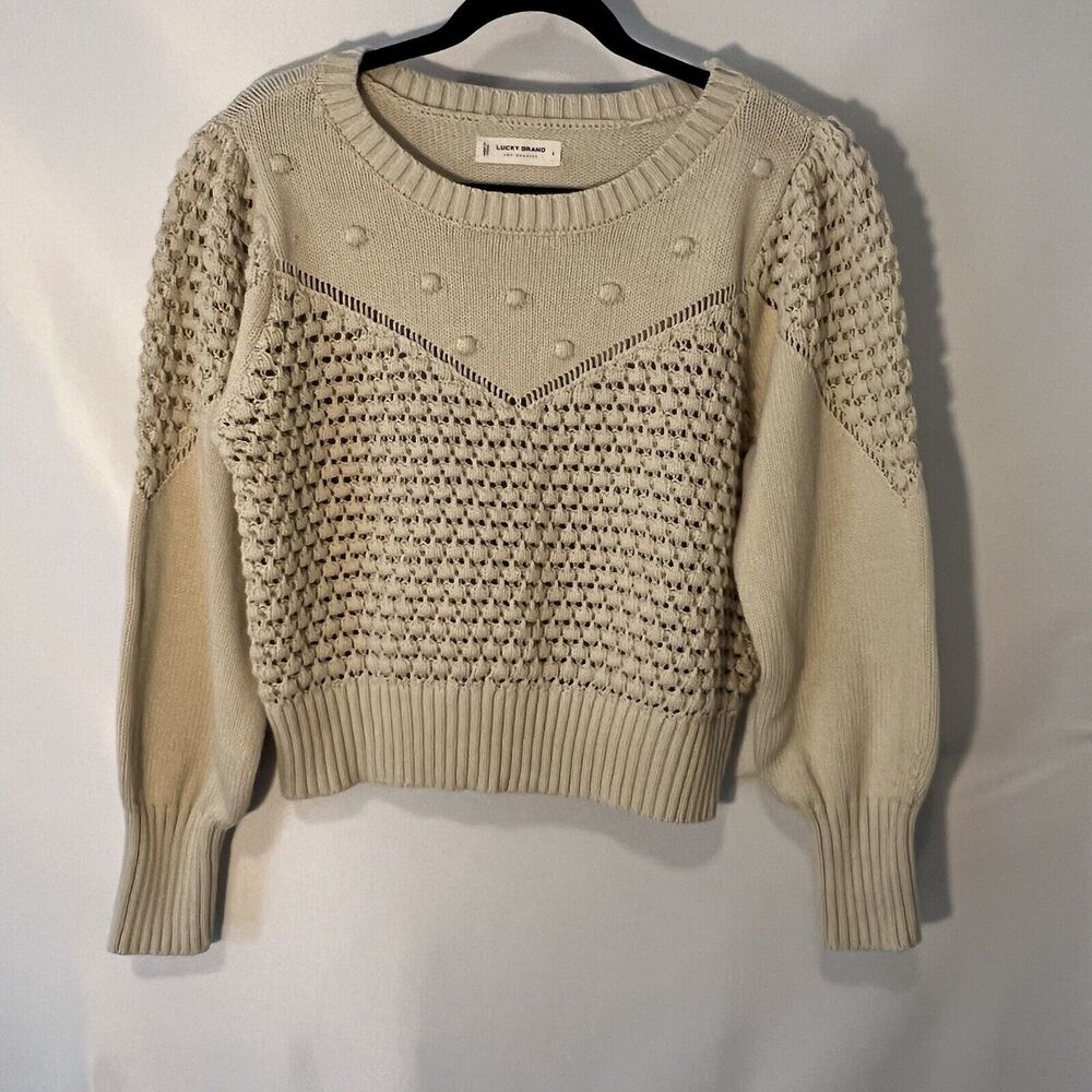 Lucky Brand Women Sweater Size Large Natural Ivory Knitted Textured Cotton Crop - Picture 1 of 11